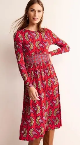 Boden Thea Long Sleeve Jersey Dress Midi Red Paisley Size 8 Petite Office Modest
