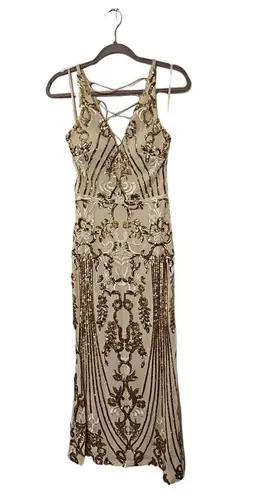 Bariano NWT ASOS ||  Embellish Pattern Gold Sequin Strappy Back Maxi Dress Size 6