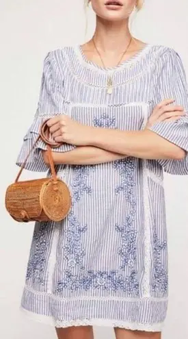 Free People  Sunny Day Striped Embroidered Ruffle Trapeze Mini Dress Blue White