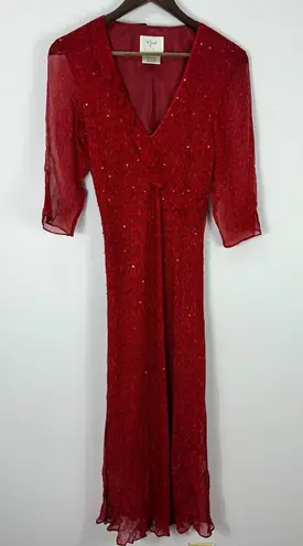 Vision Apparel Dress 6 Red Silk Sequin Sheer Sleeve Midi Gown Y2K Vintage Glam