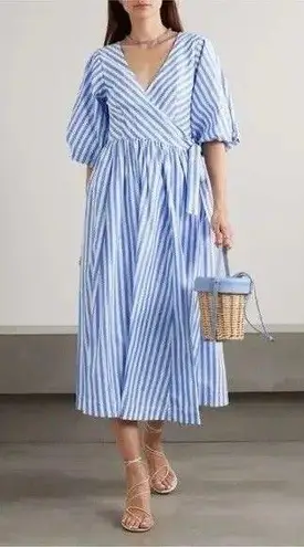 Staud Jodie Midi Wrap Dress Sea Stripe Size Small Bridal Wedding Guest Picnic Blue