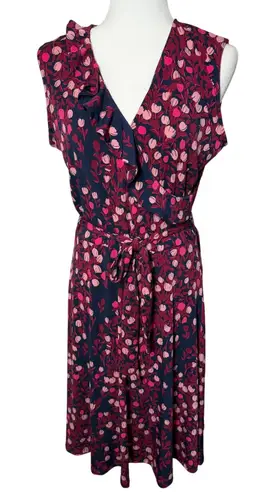 Leota Felicity Faux Wrap Dress Large Floral Tulip Print Sleeveless Navy Pink