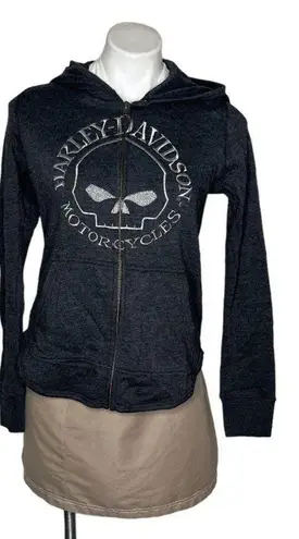 HARLEY DAVIDSON Grey Hoodie Metallic Skull Zippered Charcoal Gray Size Small