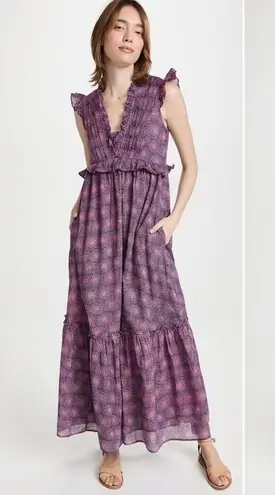 Banjanan Sz S Constance Dress Petal Power Blueprint Print Cotton Voile Maxi Blue