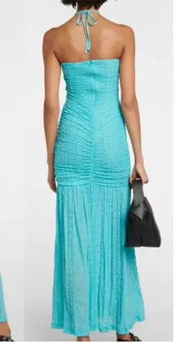 Ganni NWT Sleeveless Halter Ruched Mermaid Maxi Dress Blue Curacao Womens 34/2-4