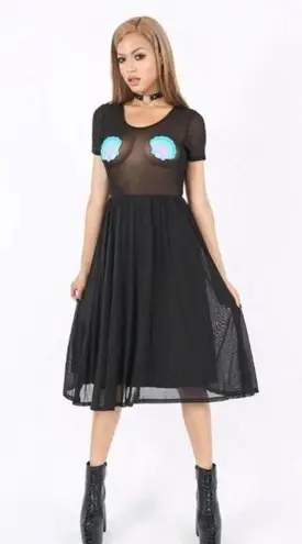Iron fist NEW! Mermaid For Life Sheer Black Midi Dress Size LARGE Blue Seashells