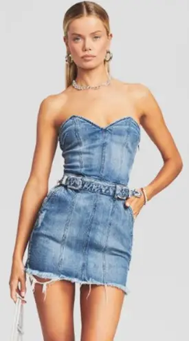 Retrofete Ashlyn Strapless Belted Raw Hem Denim Mini Dress Sea Blue Women's XS