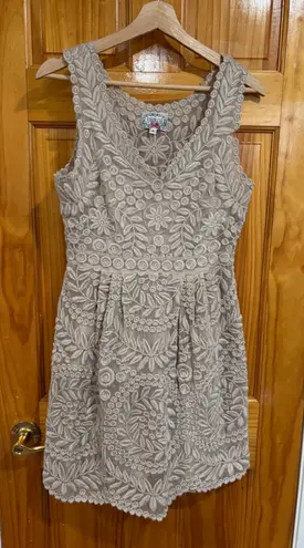 Yoana Baraschi Baraschi Embroidered Mesh Overlay Dress Beige Floral Sleeveless Fit & Flare