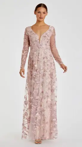 Mac Duggal Floral Applique Long Sleeve Illusion Gown Rose Pink Size 8 70224