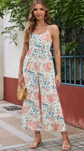 NEW White with Orange & Blue Floral Spaghetti Strap Wide Leg Jumpsuit Size XL