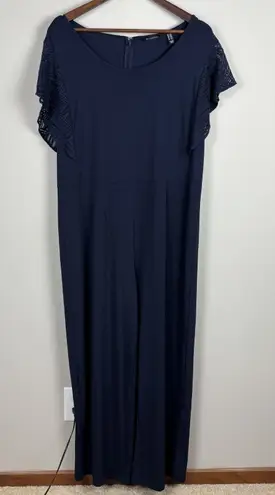 H by Halston Jumpsuit Women Large Petite Navy Blue Jersey Lace Flutter Sleeve LP
