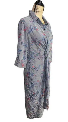 Suzanne Betro Long Sleeve Gray Striped Floral Design Waist Twist High Low Dress