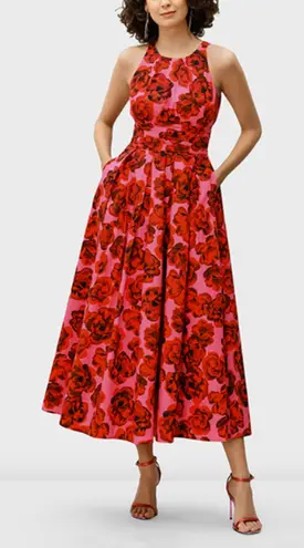Eshakti pink red floral midi dress size small / 6 smocked full skirt feminine