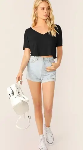 Verdusa Women's Solid V Neck Crop T Shirt Top Causal Short Sleeve Tee Top Size S Black