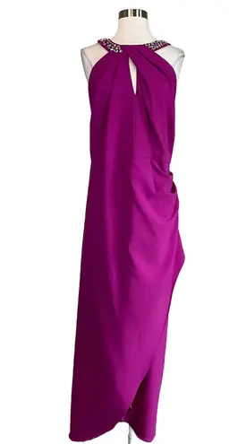Slny Fuchsia Pink Beaded Halter Evening Gown Size 6 Sleeveless Cut Out Dress