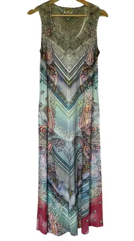 One World boho maxi colorful dress sleeveless butterfly crochet back petite S