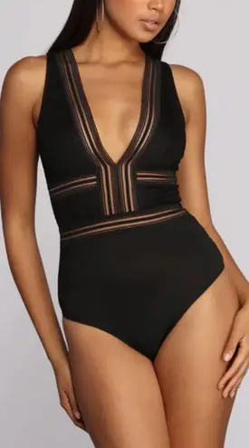 UNBRANDED Black Go Deep Lace V Bodysuit Size M