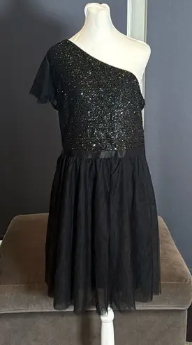 Women’s Black One Shoulder Short Sparkly Bodice Party Dress Zip Up Size XL