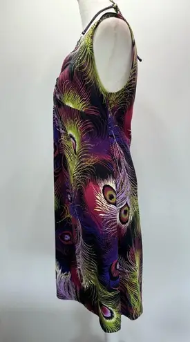 Peacock Feather Sleeveless Shift Dress with Embellished Neckline Size Medium