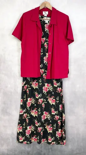 Ease Sport Dress Set Women 12 Dark Floral Linen Rayon Cottagecore Feminine Retro Red