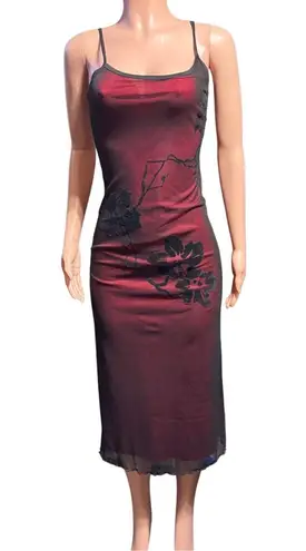 Whistle sleeveless burgundy and black midi mesh overlay and floral print dress M Red Size M