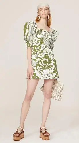 LA DOUBLEJ Green White Printed Puffed Sleeves Square Neckline Mini Dress Size L Size L