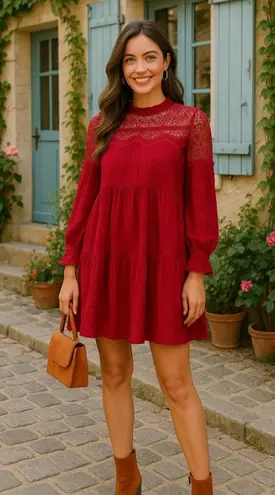 None Lace Poet Mini Dress Blouse Sheer Yoke & Puff Summer Gala Party Wedding Event