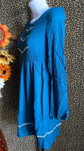Doe & Rae ✅3/$30✅ NWT Teal Blue Western Long Open Bell Sleeve Lace Trim Dress | LARGE |
