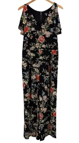 Slate + Willow Black Floral Cold Shoulder Jumpsuit Size 6