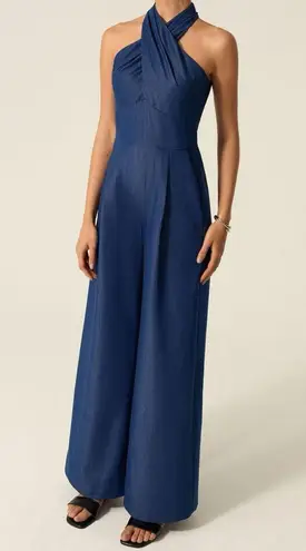Commense Pocketed Halter Wide Leg Jumpsuit Blue Size M