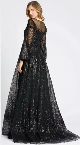 Mac Duggal NEW NWT Jewel Encrusted Illusion Long Sleeve A Line Maxi Gown Black