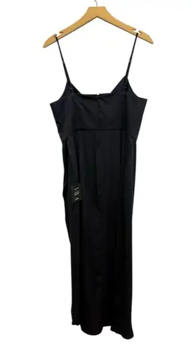 Lulus V Neck Spaghetti Strap Pleated Faux Wrap Reinette Black Midi Dress size L Size L