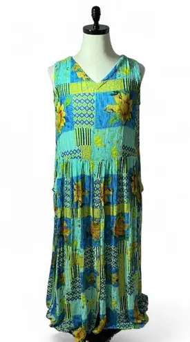 BILA Floral Patchwork Maxi Dress Sleeveless Blue Yellow Rayon Bohemian Size L