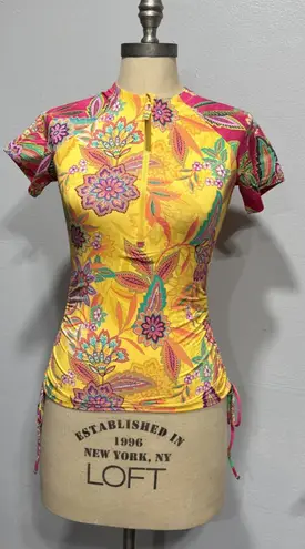 Johnny Was JWLA Sunshine and Flamingo Drawstring Surf Swim Shirt XS Yellow