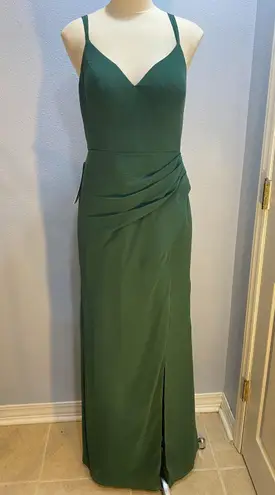 Azazie Leo Bridesmaid Dress Dark Green Formal Gown Ruched Slit Prom Award A6 NWT