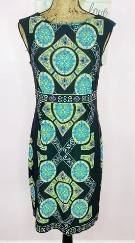 Sandra Darren Mandala Print Sleeveless Sheath Dress Size 8 Black Neon Multi