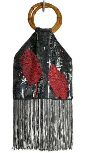 Vintage Retro Womens Sequin Beaded Bamboo Handle Fringe Handbag Black Maroon OS
