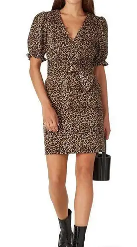 Marissa Webb Belted Leopard Print Denim Mini Dress Long Sleeve Safari Neutrals L