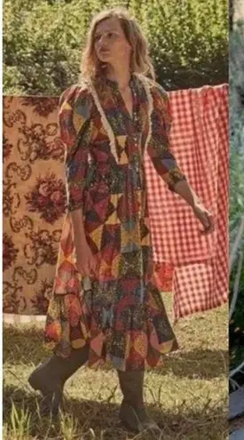 Doen Nicoletta Patchwork Print Organic Cotton Midi Dress Size Medium NWT