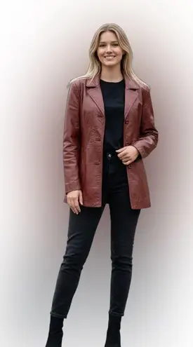 VTG 100% Leather Short Trench Coat Sz 9/10 Burgundy Zip Out Lining Pockets Retro