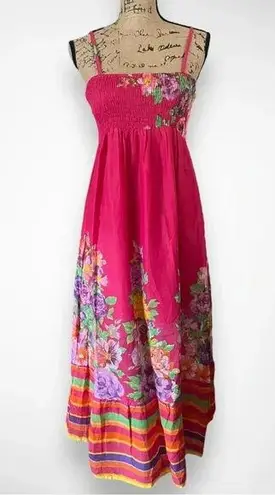 INDIAN EMPORIUM Women's Pink Smocked Floral Striped Maxi Dress Free Size | EUC