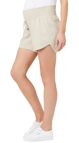RIPE MATERNITY INDI LINEN PAPERBAG SMOCKED WAIST MATERNITY SHORTS EUC SIZE S Tan