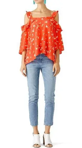 Shoshanna Bronwen Red Floral Print Cold Shoulder Square Neck Silk Top Size Small