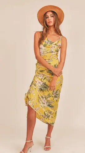 Mable Asymmetrical Yellow Floral Midi Dress Cinch Slit Cowl Neck Tropical Small