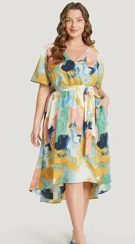 Bloomchic Size 22 - 24 • 3x •  • Tie Dye Ruffle Pocket Wrap Belted High Low Dress