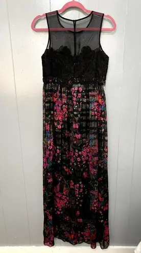 Trina Turk NEW  Betton Black Floral Lace Metallic 100% Silk Maxi Dress 0