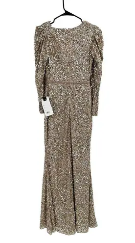 Mac Duggal 5510 Gold Puff Shoulder Sequined Surplice Gown 2 NEW