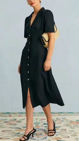 Rihoas The Black V Neck Button Puff Sleeve Midi Dress Size XL