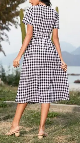 SheIn  Black and White Gingham Tie Side Wrap A-Line Midi Dress Size Small