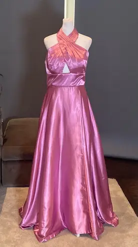 Women’s Pink Cross Halter Neck Full Length Satin Prom Party Dress Corset Size 10